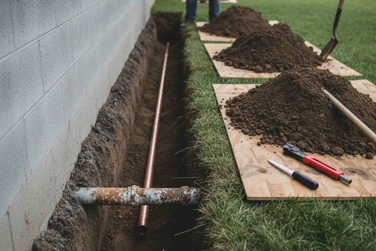 Excavated water line trench during Sewer Line Repair in Beech Island